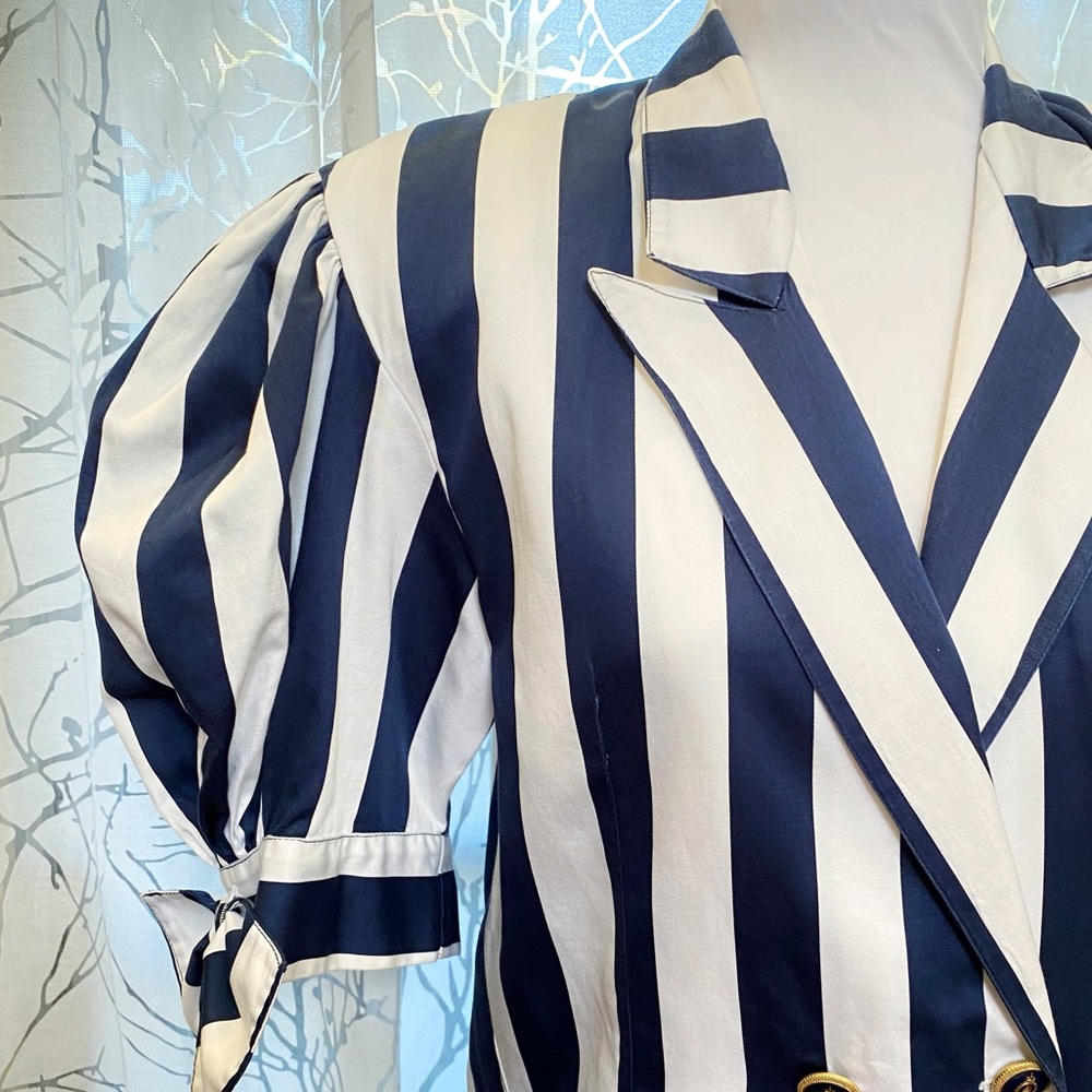 Vintage ALESSANDRINI blue white stripe nautical button ballon sleeve jacket top - Picture 3 of 13
